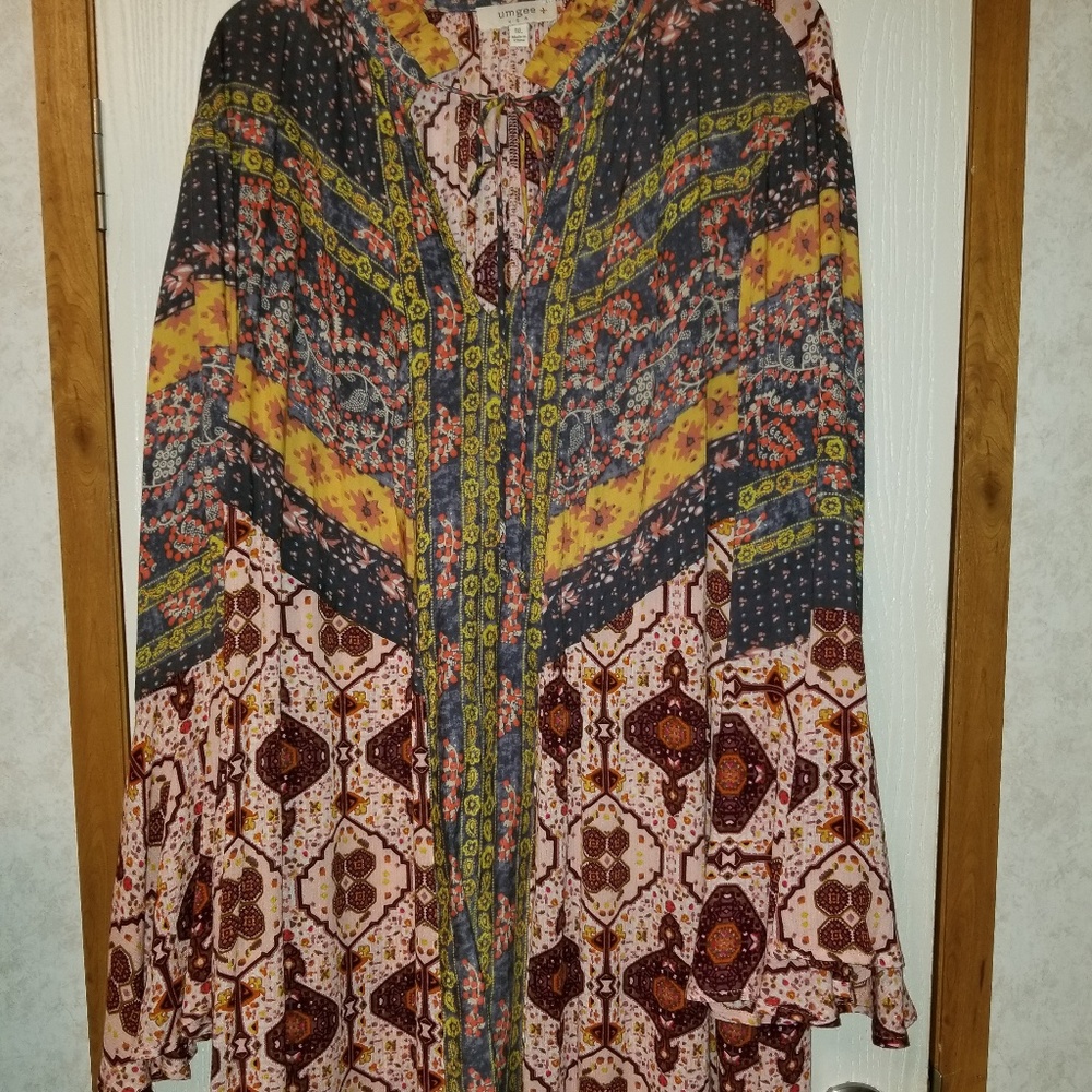 Umgee boho dress with bell sleeves.